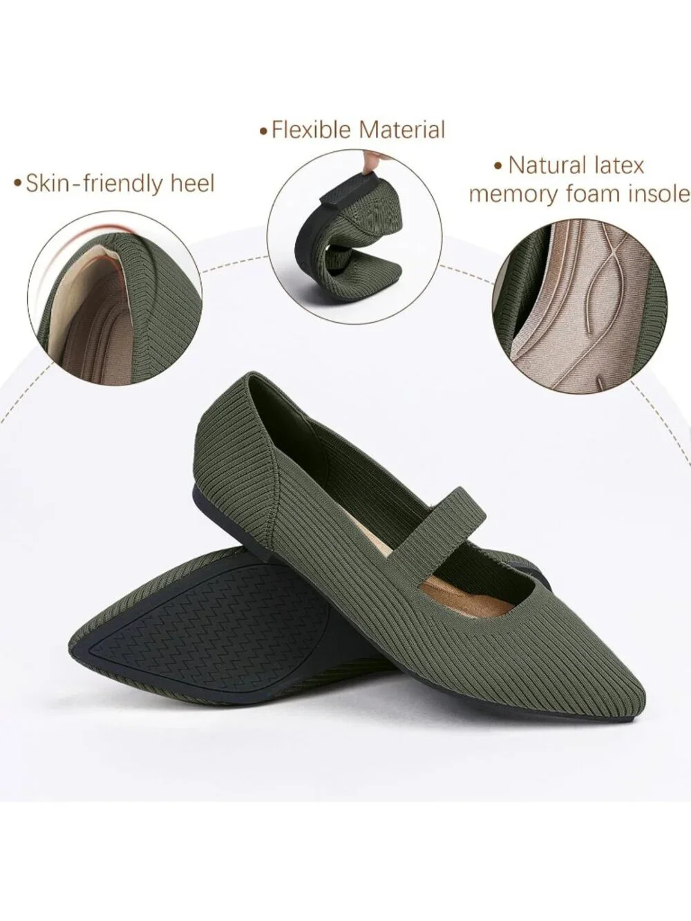 Women's Green Knit Mary Jane Flats Pointed Toe Pull On Comfortable Flats Shoes